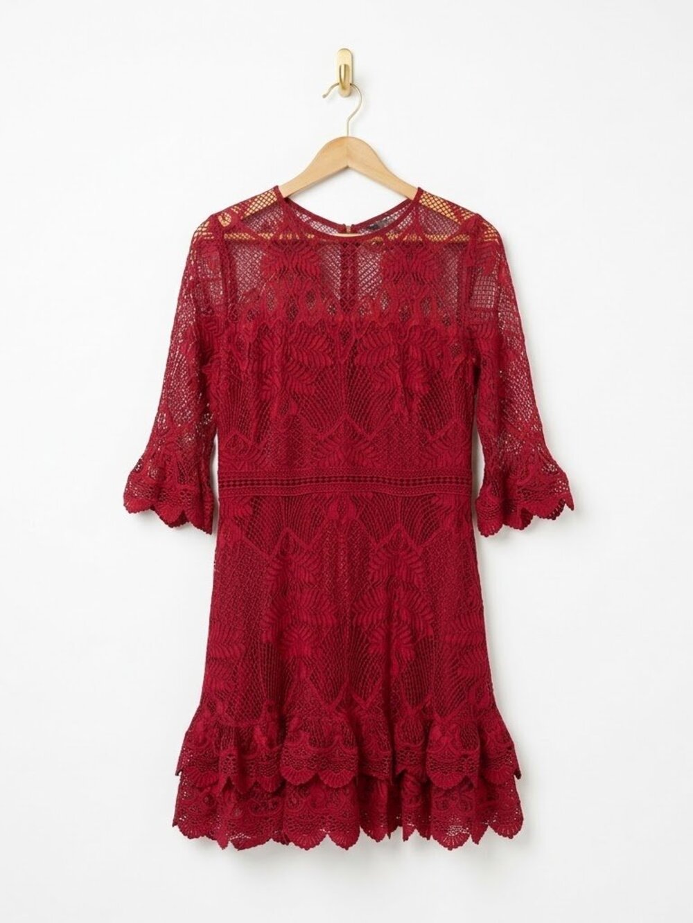 Red Lace Mini Dress Size 6 Ruffle Tiered Bell Sleeve Cocktail Party